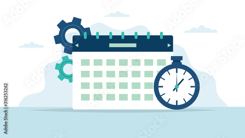 Template of Desk Calendar With Stopwatch on the abstract background. Flat Style. Vector Illustration