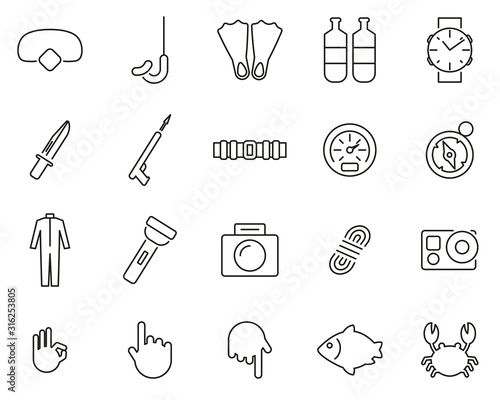 Diving & Diving Gear Icons Black & White Thin Line Set Big