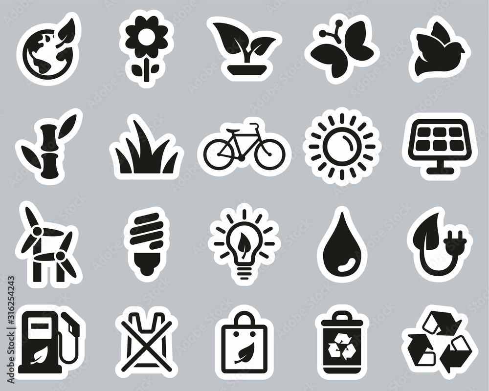 Ecology Or Eco Friendly Icons Black & White Sticker Set Big
