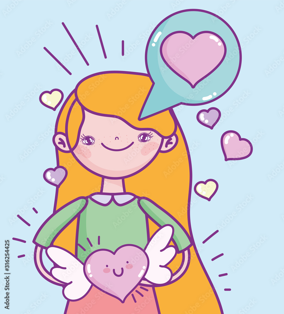 happy valentines day, young woman with heart wings speech bubble happy valentines day, young woman with heart wings speech bubble