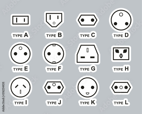 Electrical Plug Type Icons Black & White Sticker Set Big