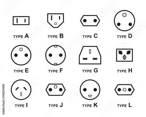 Electrical Plug Type Icons Black & White Set Big