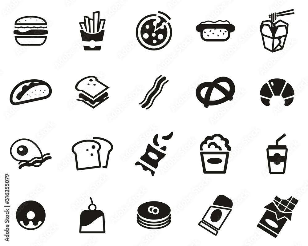 Fast Food Or Junk Food Icons Black & White Set Big Stock Vector | Adobe ...
