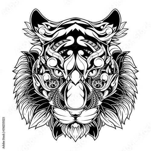 Tiger head zentangle stylized, vector, illustration, pattern, freehand pencil, hand drawn. Zen art. Line art.