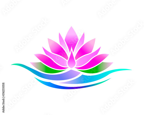 Pink lotus icon on the water. Water lily pink.  Symbol for yoga studios. Vector illustration isolated on white background.