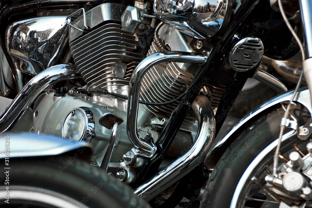 Motorcycle engine closeup. chrome engine parts. Shiny smooth details. Motorcycle engine closeup. chrome engine parts. Shiny smooth details.