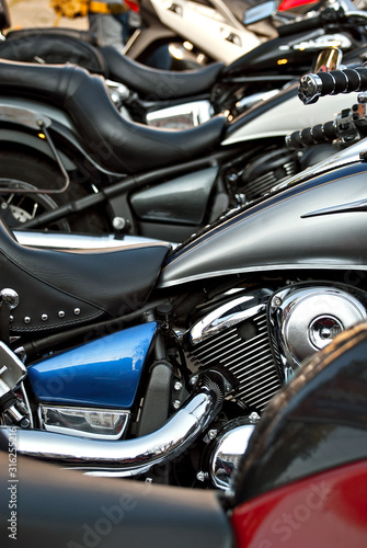 Many motorcycles on the biker show. Motorcycle elements closeup. City Bikers Festival.
