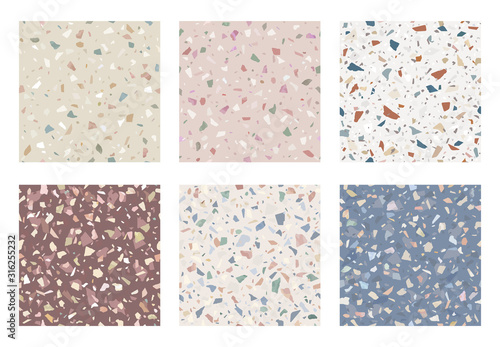 Set of granite stone terrazzo floor texture. Abstract background, seamless pattern. Vector illustration.