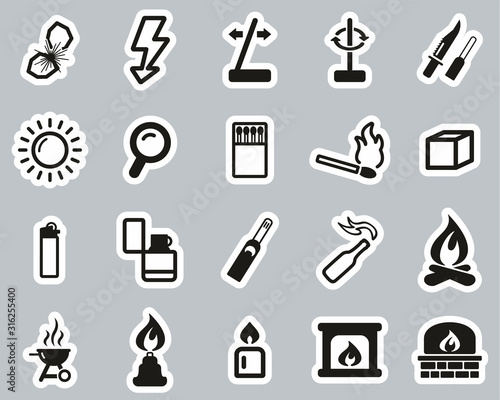 Fire & Fire Making Tools Icons Black & White Sticker Set Big