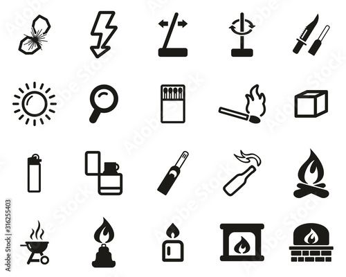Fire & Fire Making Tools Icons Black & White Set Big