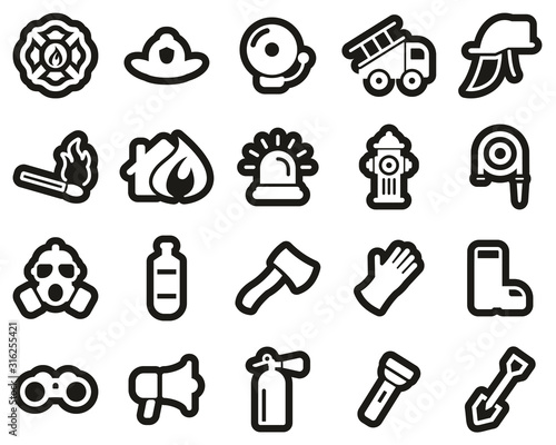 Firefighter & Firefighter Equipment Icons White On Black Sticker Set Big