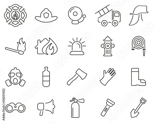 Firefighter & Firefighter Equipment Icons Black & White Thin Line Set Big