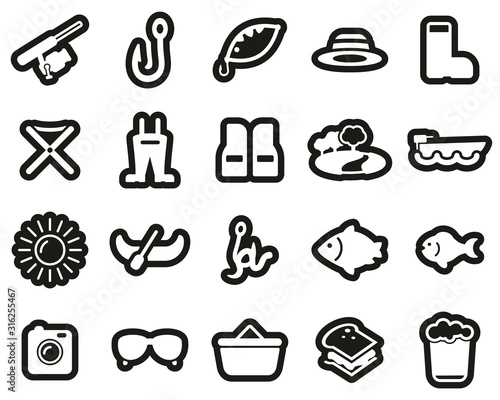 Fishing & Fishing Equipment Icons White On Black Stricker Set Big