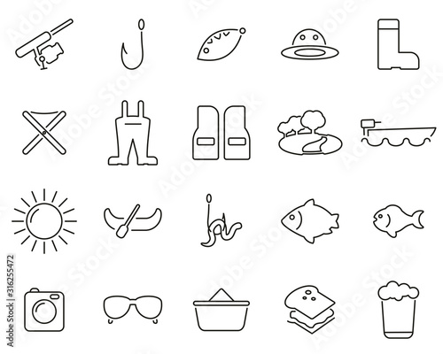 Fishing & Fishing Equipment Icons Black & White Thin Line Set Big
