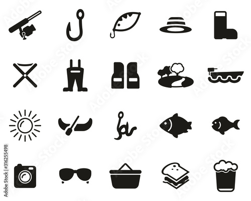 Fishing & Fishing Equipment Icons Black & White Set Big
