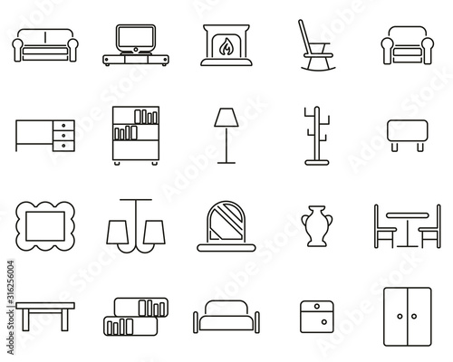 Furniture Icons Black & White Thin Line Set Big