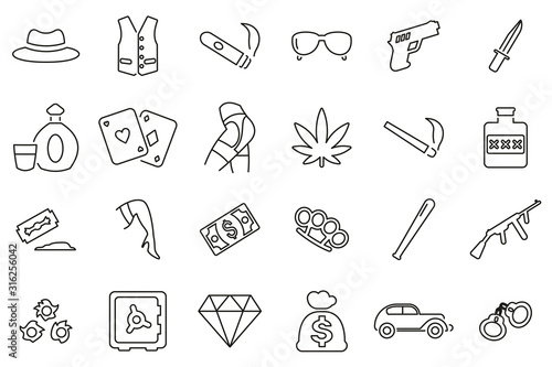 Gangster Lifestyle Icons Black & White Thin Line Set Big