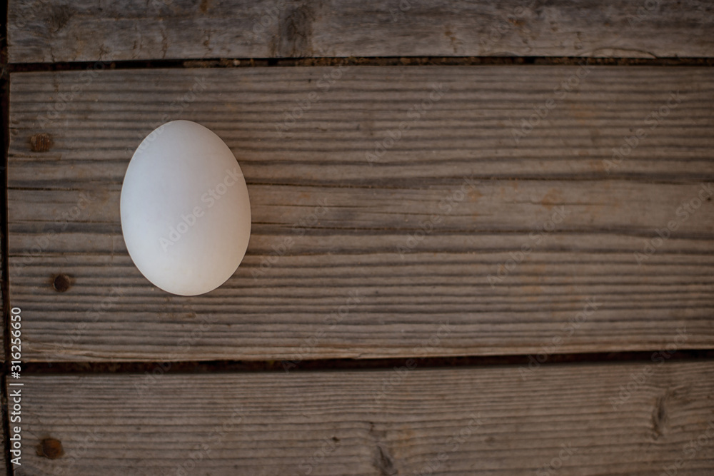 One white egg lies on an old wooden background.