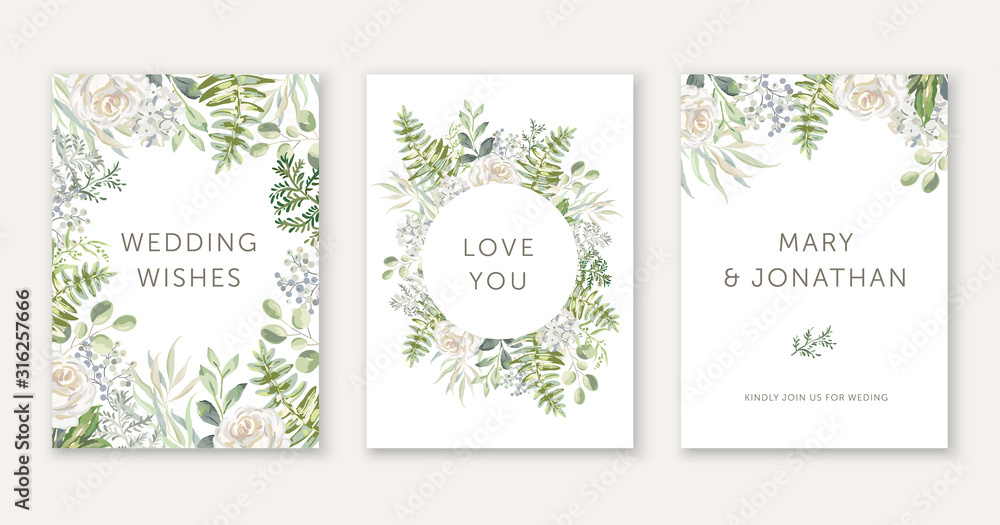 Wedding cards design. White rose flowers, green fern leaves bouquets, frames. Vector illustration. Floral arrangements. Invitation template background
