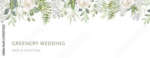 Delicate border of white flowers, forest green leaves, white background. Wedding invitation banner frame. Rose, hydrangea, fern. Vector illustration. Floral arrangement. Design template greeting card