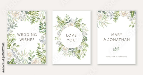 Naklejka Wedding cards design. White rose flowers, green fern leaves bouquets, frames. Vector illustration. Floral arrangements. Invitation template background