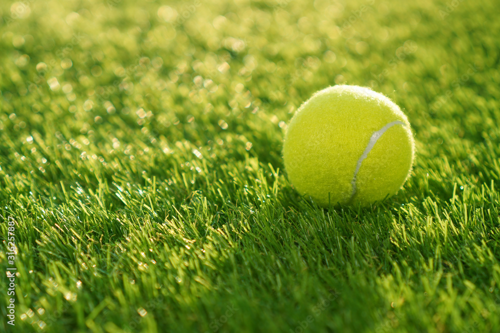 Soft artificial grass background with tennis ball, copy space