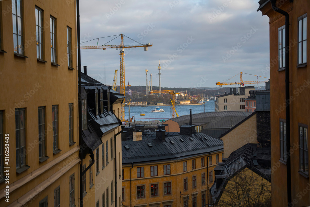 Old town houses in the district Södermalm in Stockholm a grey winter day