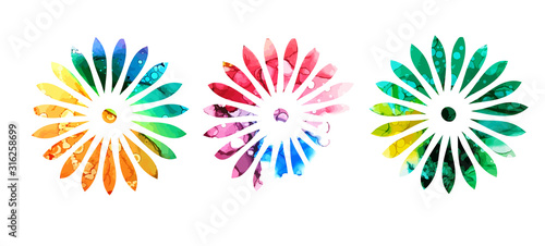 Set of multi-colored simple flowers. Mixed media. Vector illustration