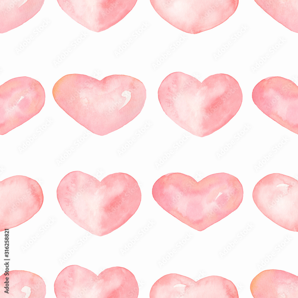 Watercolor pastel Hearts seamless pattern, Valentine Day coral background,  Hand painted soft pink spring patterns. Delicate heart, digital paper, Valentine's Day Scrapbooking