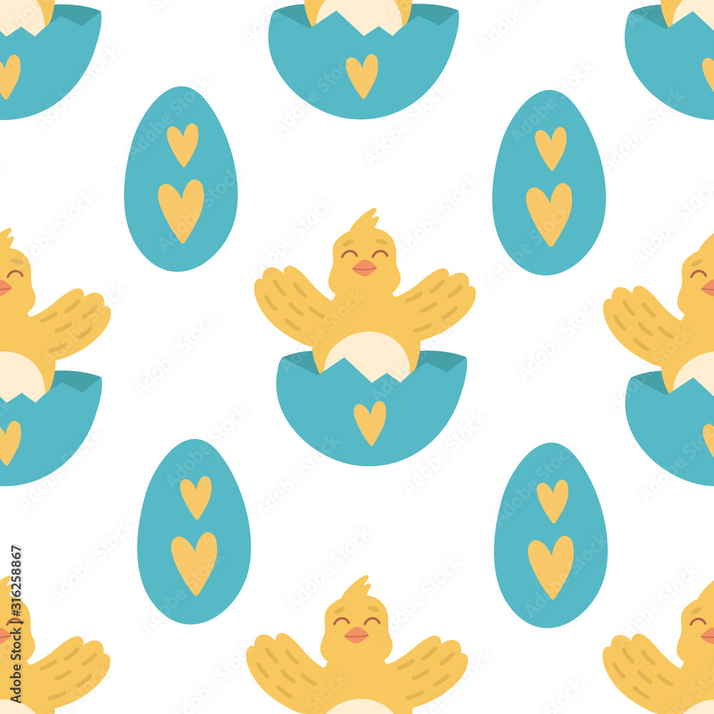 Seamless pattern with easter eggs and chickens. Yellow happy chick.Suitable for fabric and wallpaper.