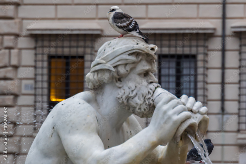 Mythical statue spewing water with pigeon sitting on it's head