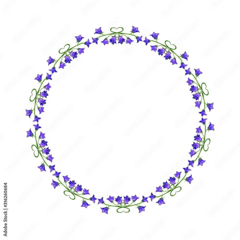Wreath with wild blue flowers. Spring wild bells. Template for a romantic postcard with a place for inscription, text, lettering. Beautiful round frame with hearts and flowers. Wreath with wild blue flowers. Spring wild bells. Template for a romantic postcard with a place for inscription, text, lettering. Beautiful round frame with hearts and flowers.