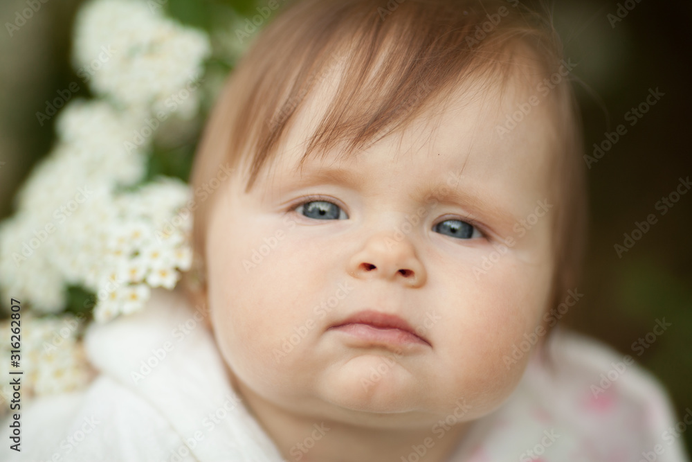 Cute little baby girl in spring in a blooming garden, looking at the camera. Beautiful portrait. Concept: spring, family. The care for the baby. Cute little baby girl in spring in a blooming garden, looking at the camera. Beautiful portrait. Concept: spring, family. The care for the baby.