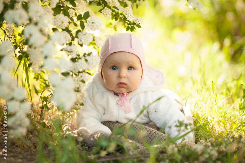 Beautiful little baby girl in spring in a blooming garden, looking at the camera. In the beautiful sunlight. Concept: spring, family. The care for the baby. Beautiful little baby girl in spring in a blooming garden, looking at the camera. In the beautiful sunlight. Concept: spring, family. The care for the baby.