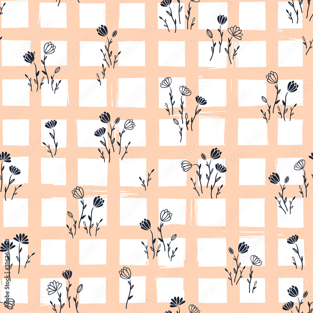Cute hand drawn meadow seamless pattern, doodle floral background, great for textiles, banners, wallpapers, wrapping - vector design