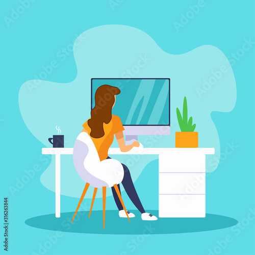 Young woman working on a computer. Woman sitting at the table back view. Flat vector illustration.