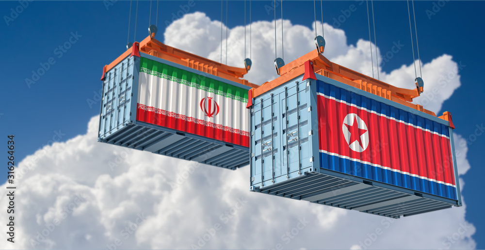 Freight container with Iran and North Korea flag. 3D Rendering