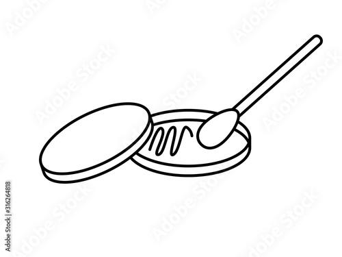 Petri dish with track of bacteria on a nutrient medium with cotton swab. Plate with lid.  Editable stroke icon vector illustration isolated.