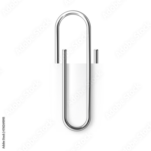 Realistic metal paper clip isolated on white background. Page holder, binder. Vector illustration.