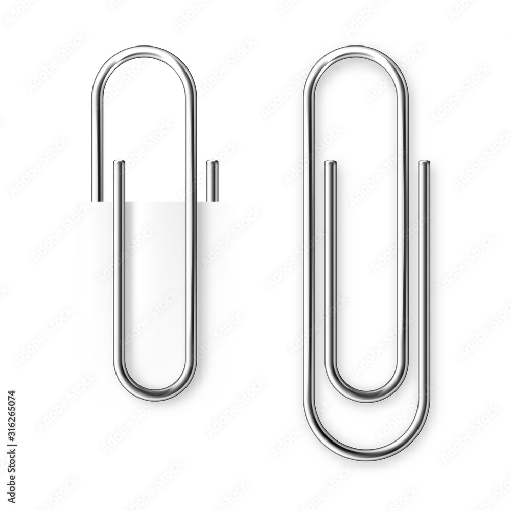 Realistic metal paper clip isolated on white background. Page holder, binder. Vector illustration.