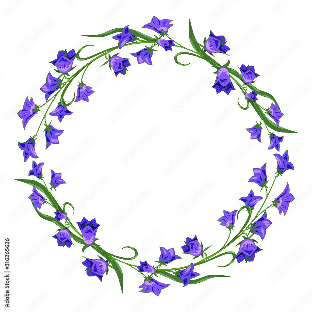 Wreath of wild field bells. Round frame with blue flowers. Frame with a beautiful pattern of flowers bluebells. Wreath of wild field bells. Round frame with blue flowers. Frame with a beautiful pattern of flowers bluebells.