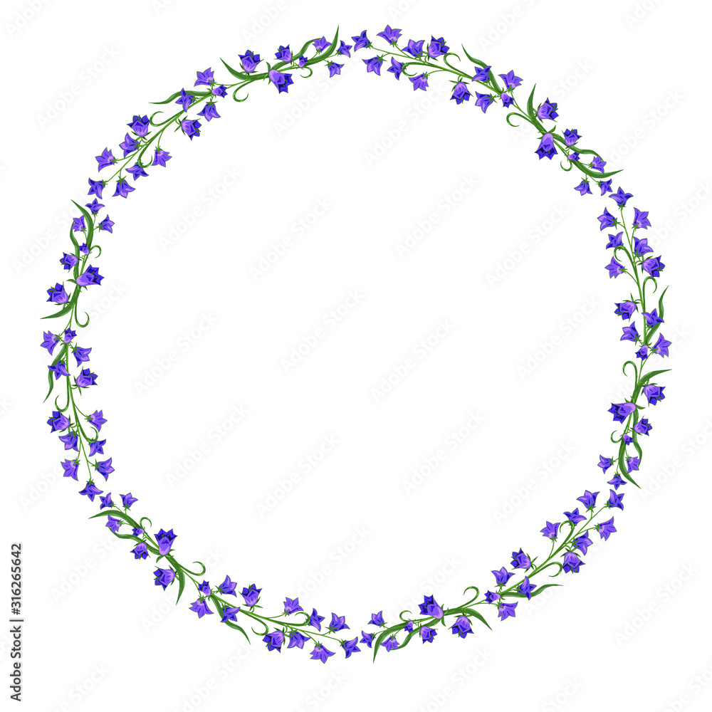 Wreath of wild field bells. Round frame with blue flowers. Frame with a beautiful pattern of flowers bluebells. Wreath of wild field bells. Round frame with blue flowers. Frame with a beautiful pattern of flowers bluebells.