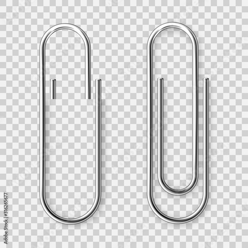 Realistic metal paper clip on checkered background. Page holder, binder. Vector illustration.