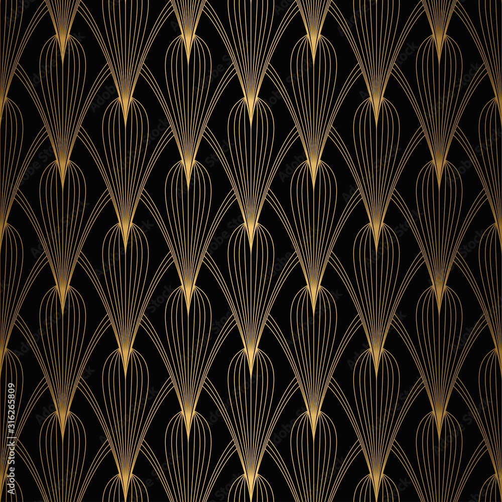 Foto auf Acrylglas mit Art-Deco-Muster. Nahtloser weiß-goldener Hintergrund #316265809