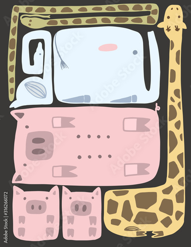 Set of geometric cute animals. Snake, giraffe, swan, pigs, elephant. Vector collection perfect for childish decoration clothes, patterns, stickers, cards, fabric, textile, t-shirt, blanket