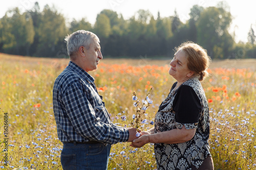 Elderly lovers in a field of flowers. Husband and wife aged outdoors. Senior citizens among poppies.