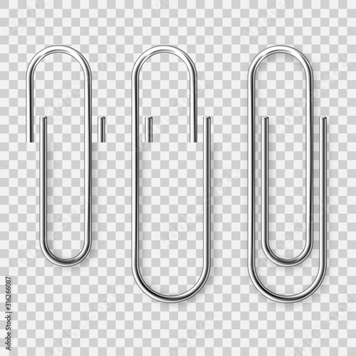 Realistic metal paper clip on checkered background. Page holder, binder. Vector illustration.