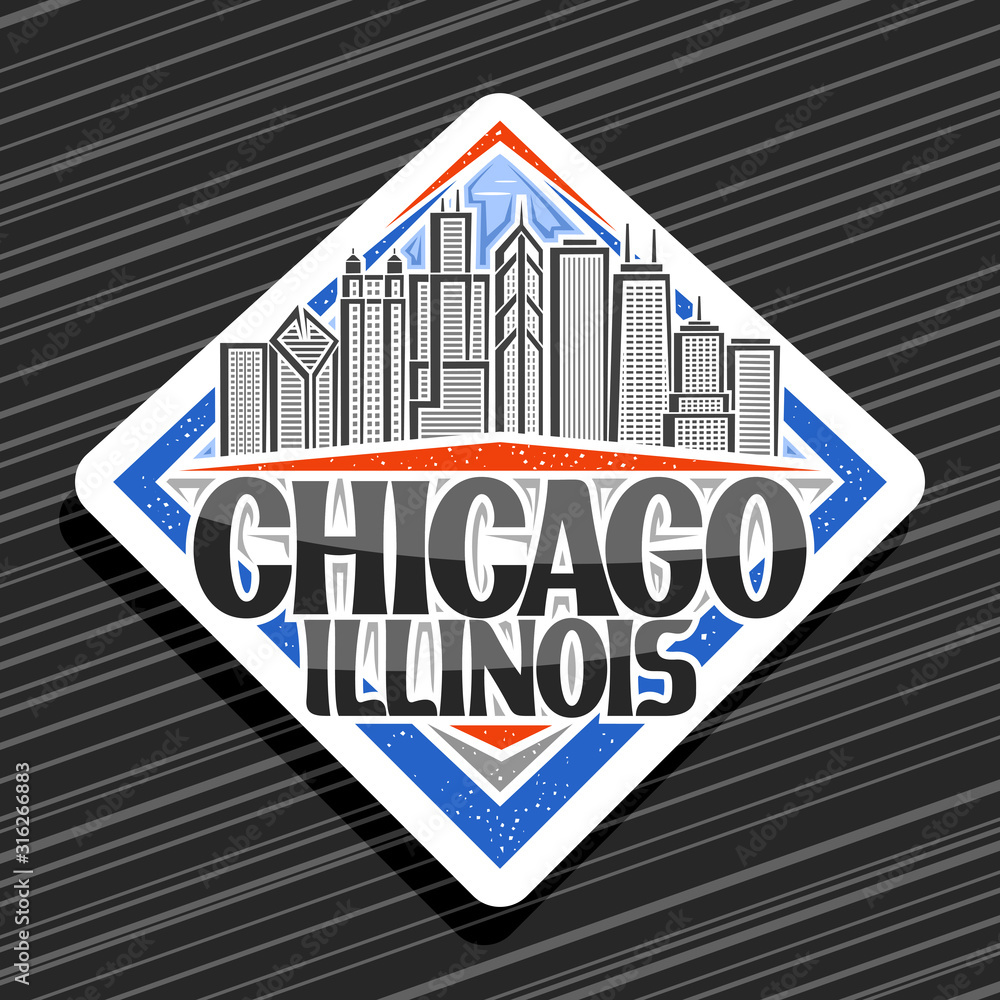 Vector logo for Chicago, white decorative signboard with line illustration of chicago cityscape, tourist fridge magnet with original typeface for words chicago illinois on black striped background.