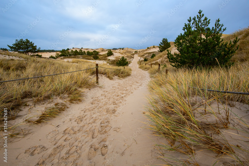 Dunes in the Slowinski National Park. Landscape with beautiful sky, clouds and dunes in the sun. Czolpino, Leba, Poland.
