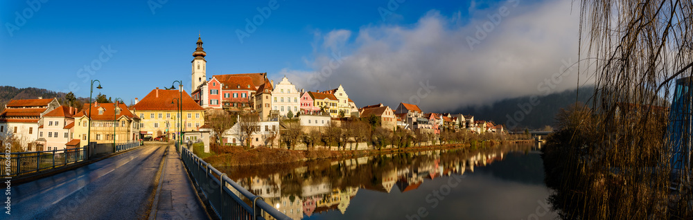 Fototapeta premium Frohnleiten panorama small town above Mur river in Styria,Austria. Famous travel destination.